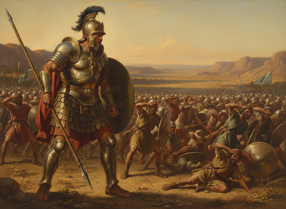 Illustration de la vallée d'Élah avec les armées d'Israël et des Philistins se faisant face
