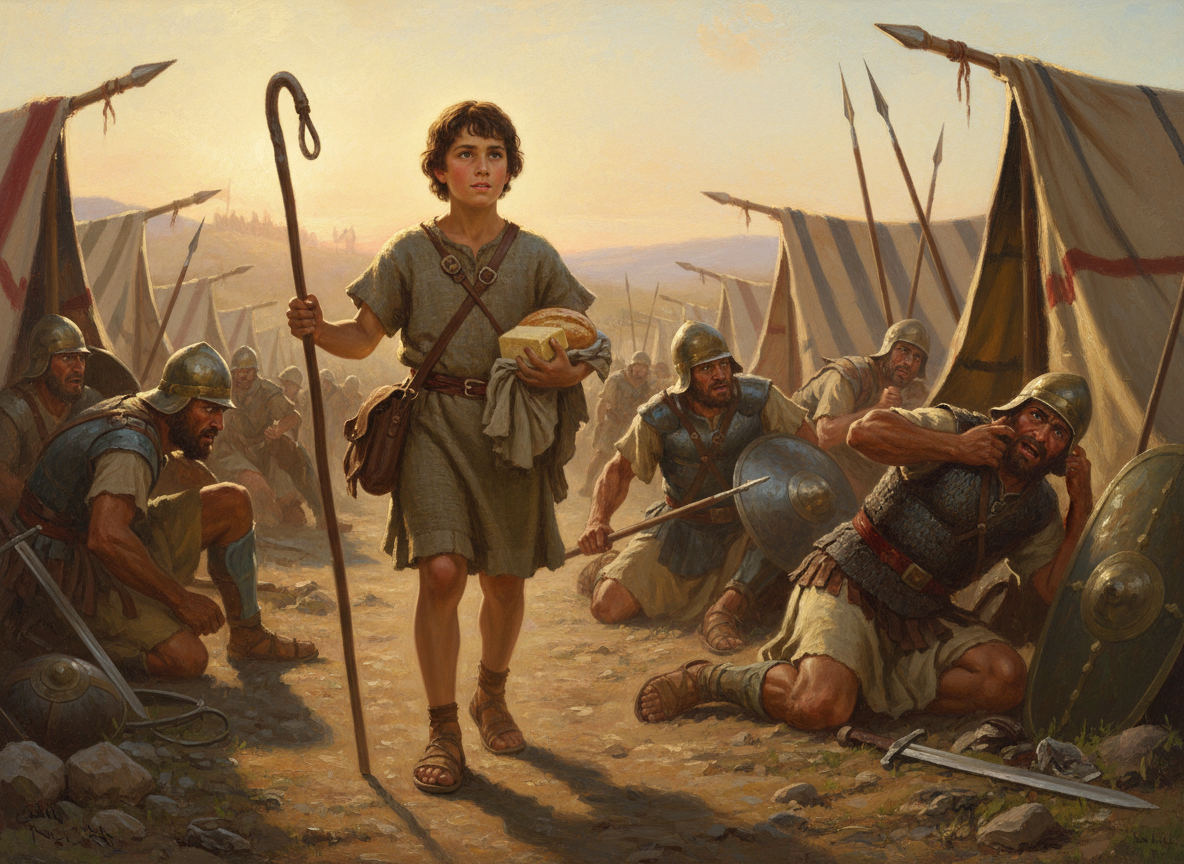 Illustration de David arrivant au camp d'Israël avec des provisions