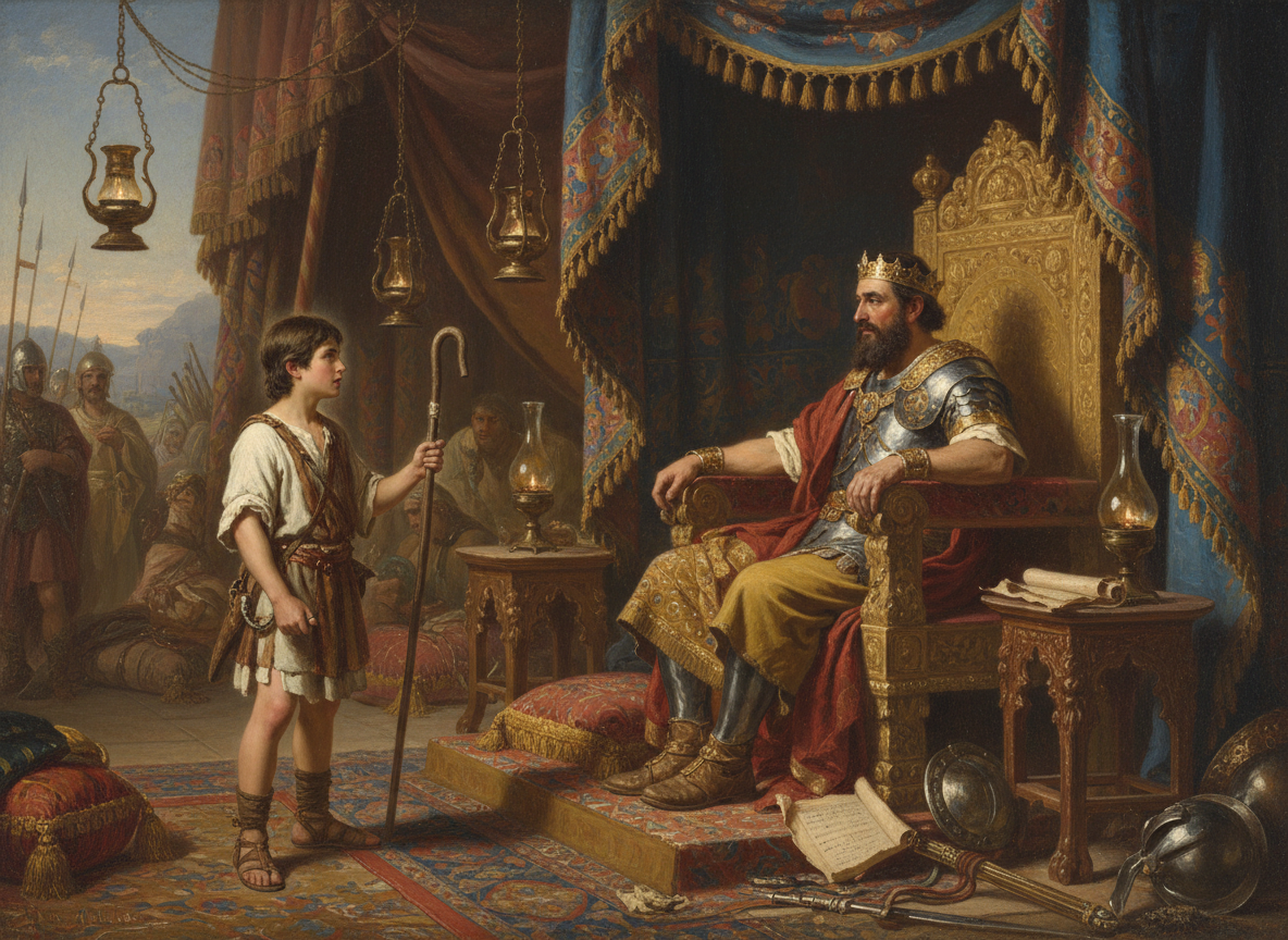 Illustration de David se tenant devant le roi Saül dans la tente royale