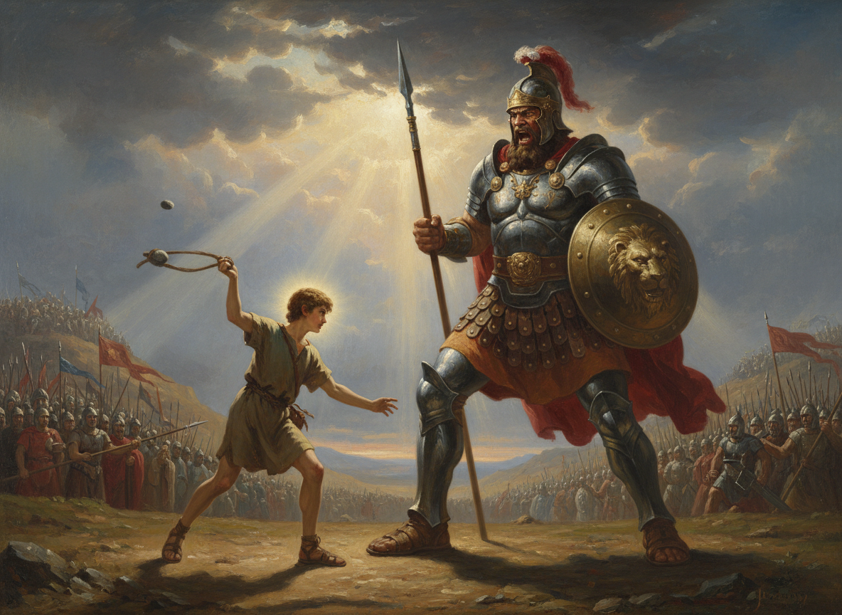 Illustration du combat final entre David et Goliath