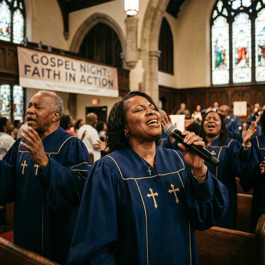 Gospel choir members singing and worshiping inside a church