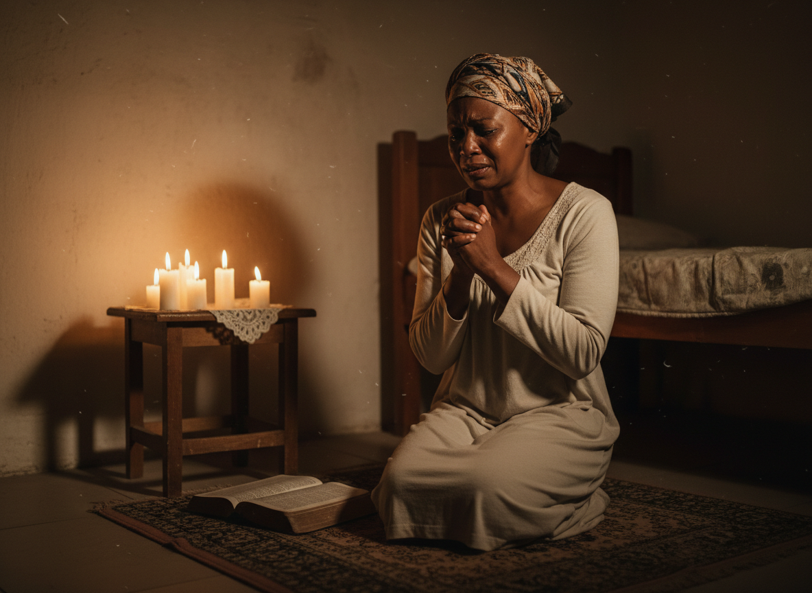 Mère africaine en prière dans la nuit, à genoux devant Dieu