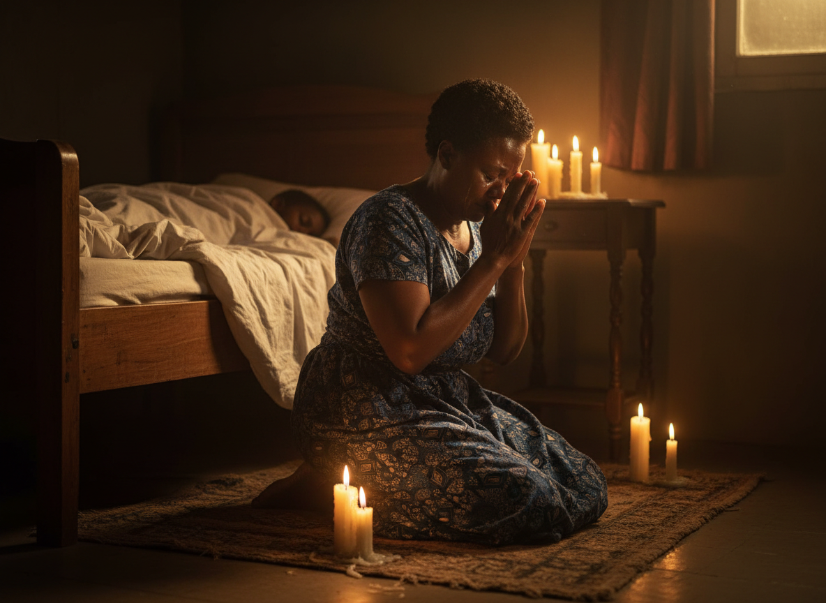 Une mère à genoux près de son lit, les mains serrées, des larmes brillant dans la lumière douce d'une lampe