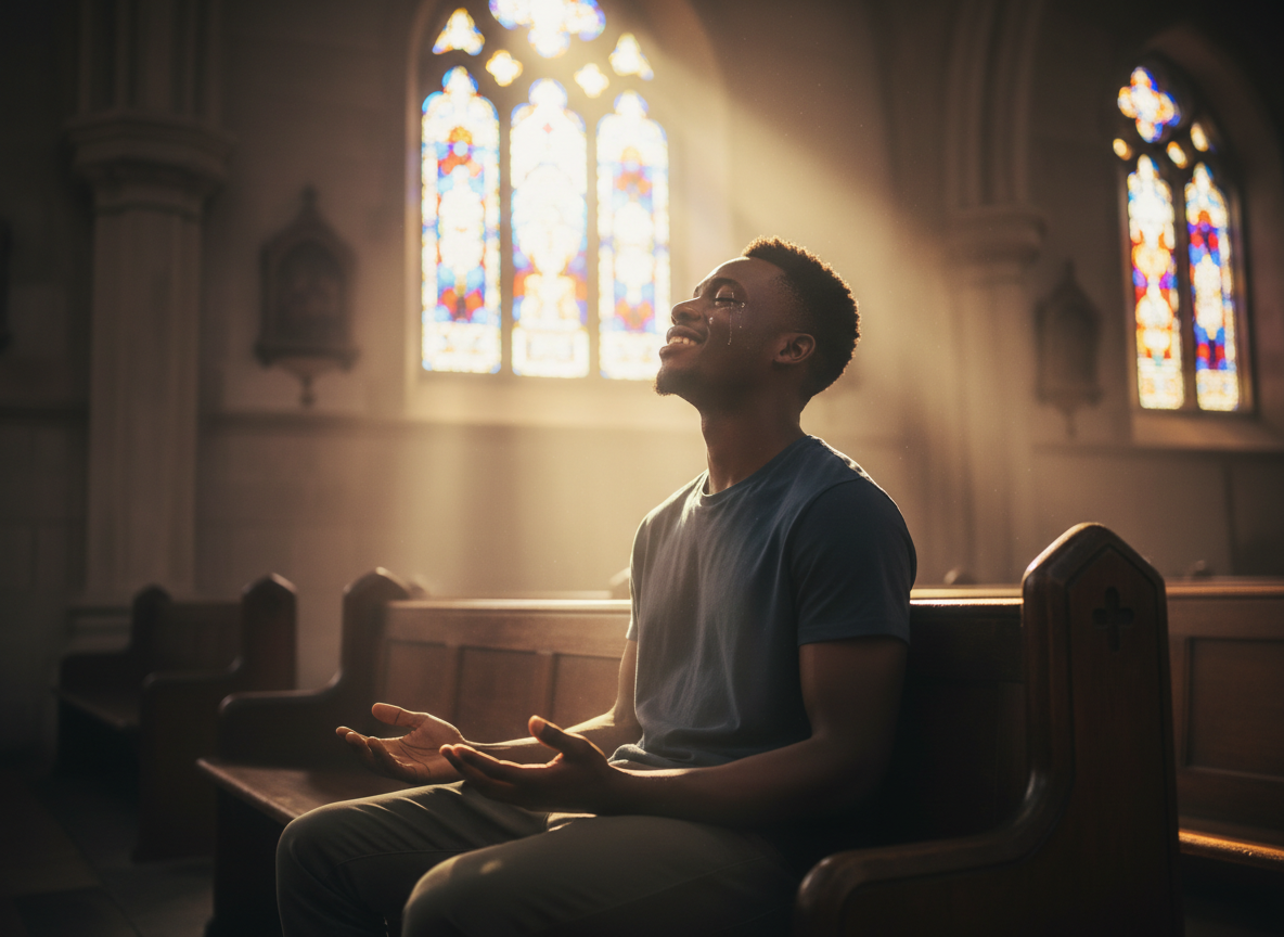 Un jeune homme les mains levées dans une église lumineuse, le visage rayonnant de paix et de joie