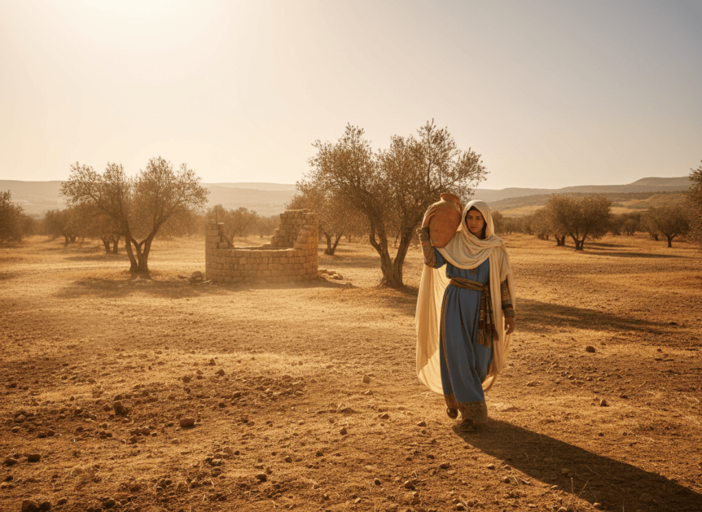 Cinematic biblical scene: A Samaritan woman in ancient Middle Eastern clothing arrives alone at Jacob's well at noon under a blazing sun. The landscape is dry and golden, with olive trees in the distance. The woman carries a large clay water jar on her shoulder. Dramatic lighting, warm golden tones, photorealistic, cinematic wide shot, highly detailed, 16:9 format.