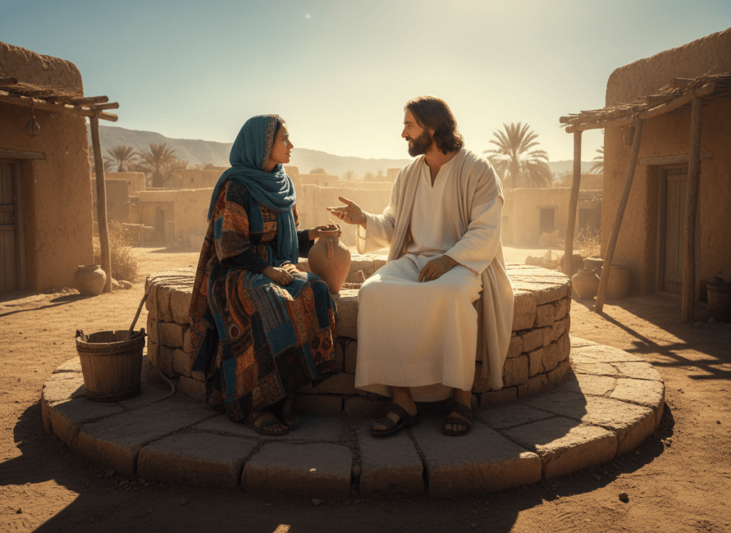 Cinematic biblical scene: Jesus sitting on the edge of Jacob's well, speaking gently to a Samaritan woman. Jesus is dressed in white and beige robes, the woman in colorful Middle Eastern garments. The midday sun creates dramatic shadows. Their expressions show deep conversation — Jesus calm and compassionate, the woman intrigued and moved. Photorealistic, warm cinematic lighting, 16:9 format.