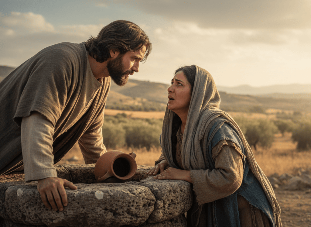 Cinematic biblical scene: Jesus looking deeply and compassionately at the Samaritan woman near Jacob's well. The woman's face shows shock and awe as Jesus reveals knowledge of her past — five husbands. Close dramatic shot, emotional expressions, warm afternoon light, ancient Samaria landscape in background, photorealistic cinematic style, 16:9 format.