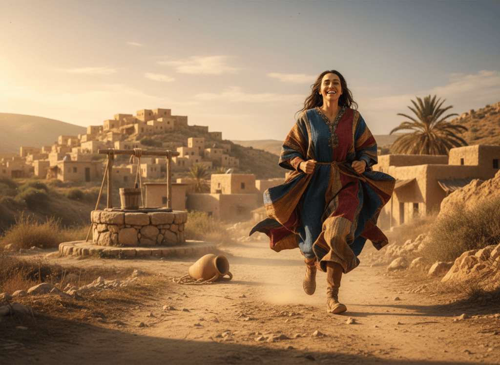 Cinematic biblical scene: A Samaritan woman running joyfully toward an ancient Middle Eastern village, leaving behind her clay water jar at Jacob's well. Her colorful robes flowing in the wind, face radiant with joy and transformation. The village of Sychar visible in the background. Golden afternoon light, dramatic and emotional, photorealistic cinematic style, 16:9 format.