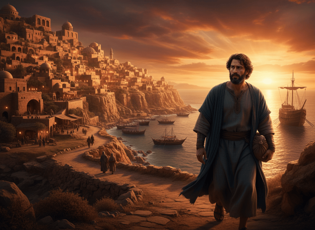 Cinematic biblical scene: Jonas, a determined Middle Eastern man in ancient robes, walks away from a glowing city toward a harbor at sunset. He carries a small bundle. A large wooden sailing ship waits in the distance. The sky is dramatic orange and red. The mood is tense and melancholic. Cinematic lighting, photorealistic, epic scale.
