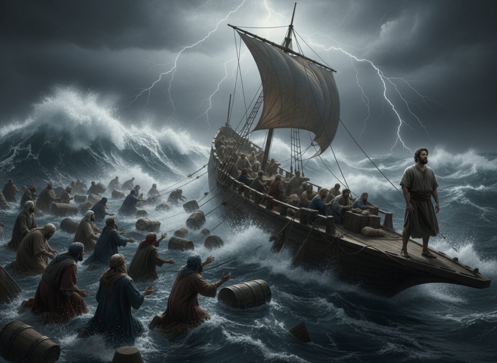 Cinematic biblical scene: A massive storm at sea, giant waves crashing over an ancient wooden sailing ship. Terrified sailors in ancient Middle Eastern robes desperately pray and throw cargo overboard. Jonas, a Middle Eastern man, stands calmly at the edge of the ship, looking remorseful and resigned. Dark stormy sky with lightning. Dramatic cinematic lighting, photorealistic, epic scale.