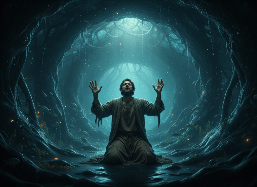 Cinematic biblical scene: Jonas, a Middle Eastern man in tattered ancient robes, kneeling and praying inside the dark belly of a enormous whale. Bioluminescent light filters through the whale's flesh creating an eerie blue-green glow. Jonas looks upward with hands raised, tears on his face, expression of desperate prayer. Surreal, dramatic, photorealistic, cinematic lighting, epic scale.