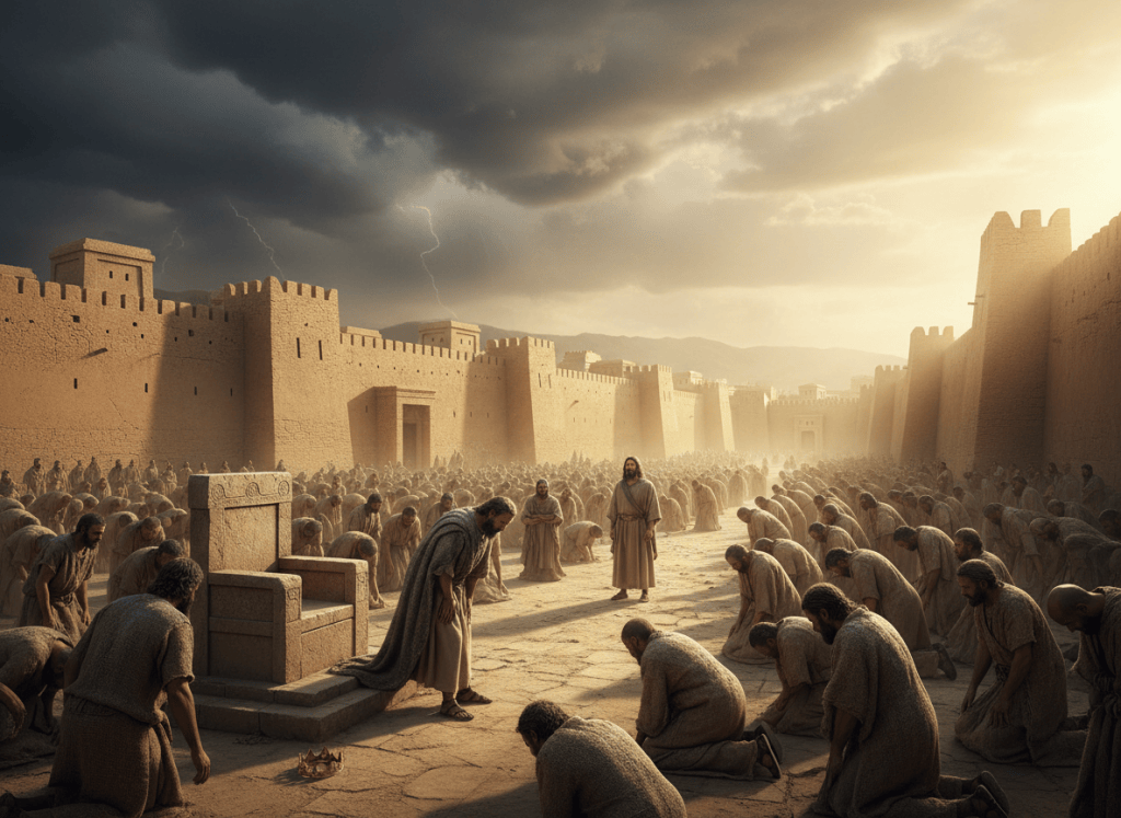 Cinematic biblical scene: A vast ancient Middle Eastern city of Nineveh. Thousands of people in sackcloth and ashes kneeling in the streets, from the king on his throne stepping down to ordinary citizens. Jonas stands at the city gate watching in awe. The sky transitions from dark storm clouds to golden light breaking through. Mood of repentance, hope and divine mercy. Cinematic lighting, photorealistic, epic scale.