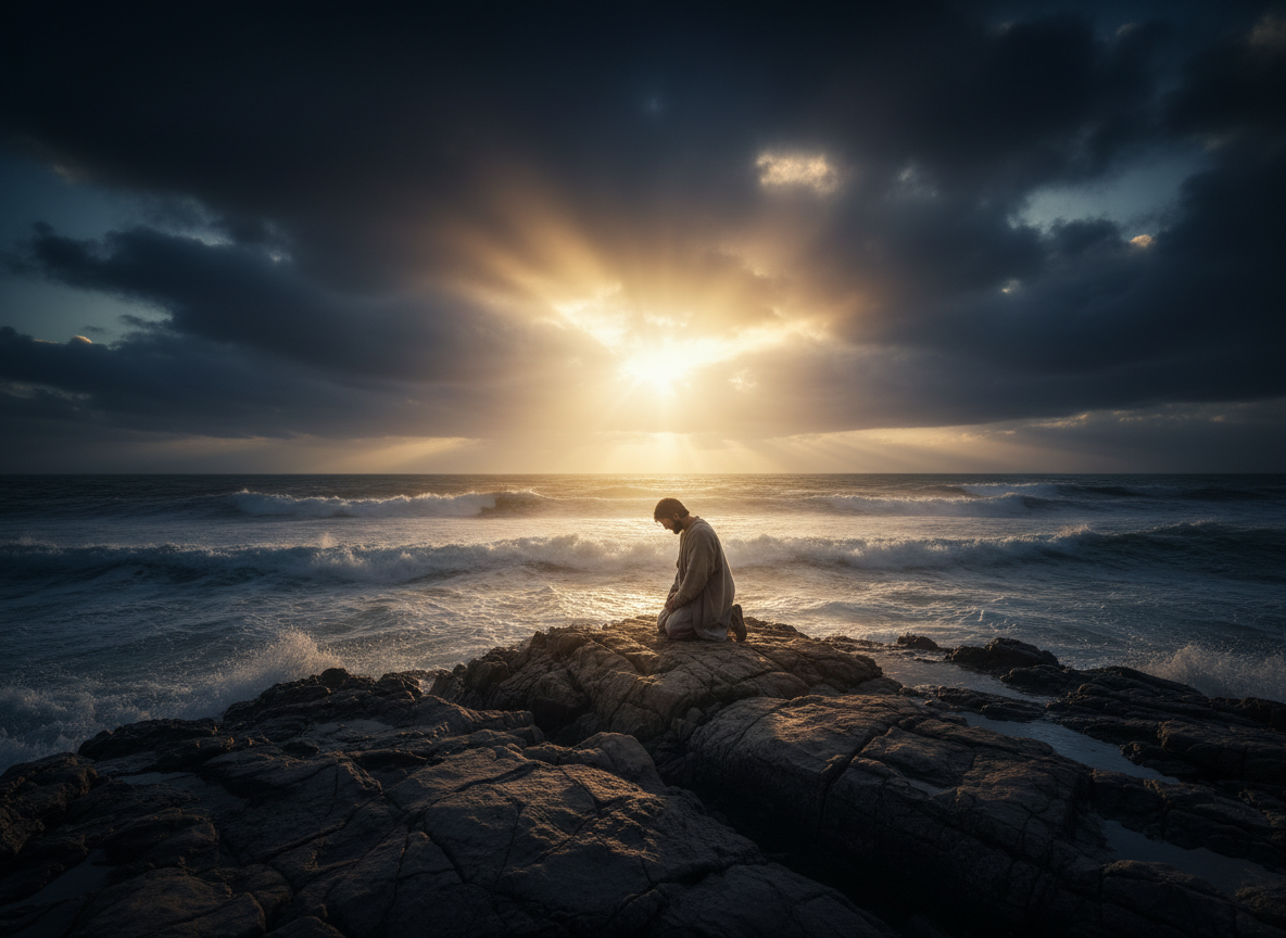 A cinematic biblical background image for a prayer section. Jonas kneeling alone on a rocky shore at dusk, ocean waves behind him, golden light breaking through dark clouds above. Mood of repentance, humility and divine grace. Deep atmospheric colors — dark navy, gold and amber. Photorealistic, cinematic lighting, no text.