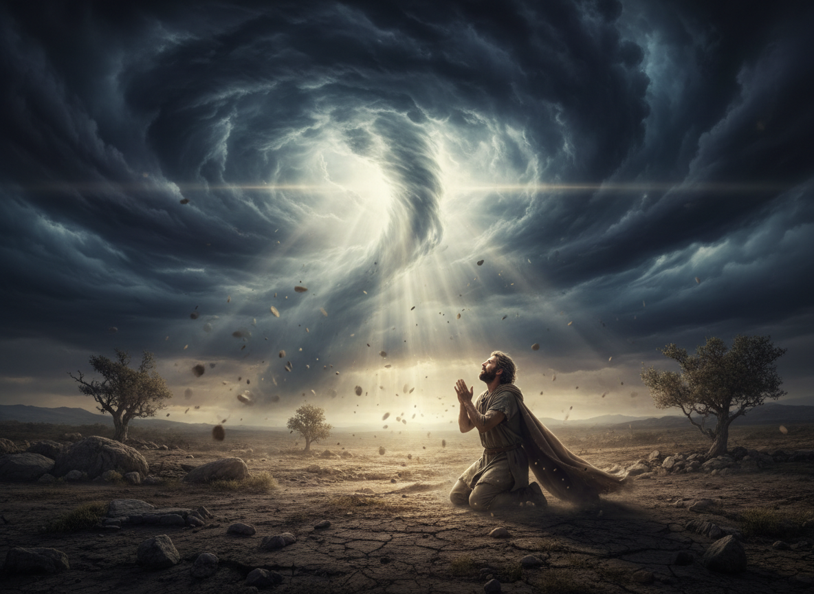 Illustration de Dieu parlant à Job depuis la tempête