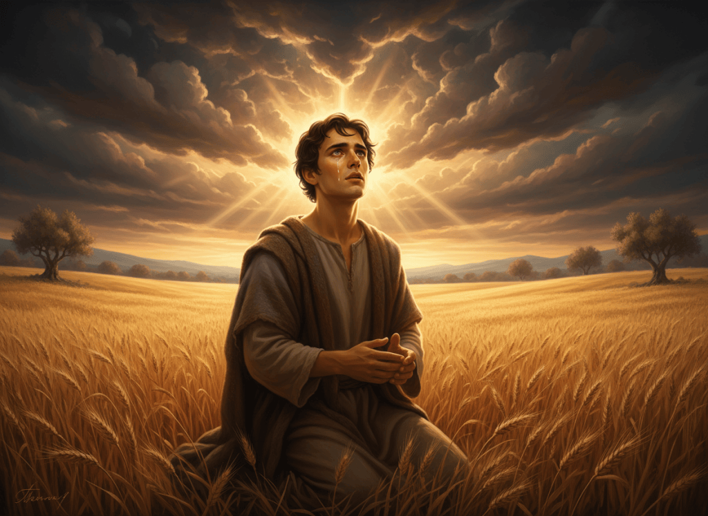 Cinematic 8K biblical illustration. A young boy Jeremiah, maybe 16 years old, kneeling alone in a field of golden wheat at dawn. A divine light breaks through dark storm clouds above him, rays of golden light touching his face and hands. His eyes are wide open, filled with awe and fear. The atmosphere is otherworldly, majestic, and deeply spiritual. Style: photorealistic cinematic painting, warm golden tones, dramatic lighting, ultra-detailed, masterpiece quality.