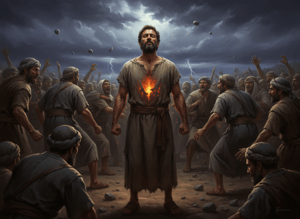Cinematic 8K biblical illustration. Jeremiah, a determined Middle Eastern prophet in his 30s, standing alone in the middle of a hostile crowd in ancient Jerusalem. People around him are shouting, mocking, turning their backs. He stands firm, eyes closed, fists clenched at his sides, a visible fire glowing in his chest — like burning coals behind his ribcage. The sky is dark and stormy. Style: photorealistic cinematic painting, dramatic chiaroscuro lighting, deep shadows and warm ember tones, ultra-detailed, masterpiece quality, 8K.