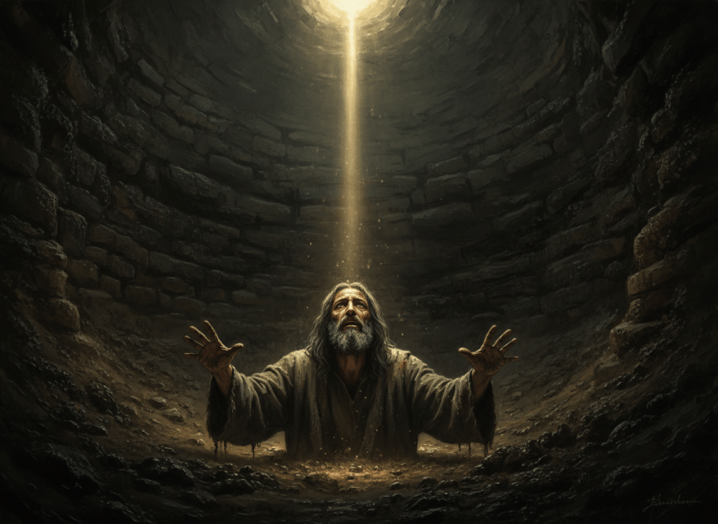 Cinematic 8K biblical illustration. Jeremiah, a weary Middle Eastern prophet, alone at the bottom of a deep dark cistern pit. Mud and darkness surround him. His face is lifted upward toward a small circle of light at the top of the pit, his hands reaching up toward heaven. Tears stream down his face but his eyes hold faith. A single ray of divine light pierces the darkness from above. Style: photorealistic cinematic painting, extreme contrast between darkness and light, deep shadow with one powerful beam of golden light, ultra-detailed, emotionally powerful, masterpiece quality, 8K.