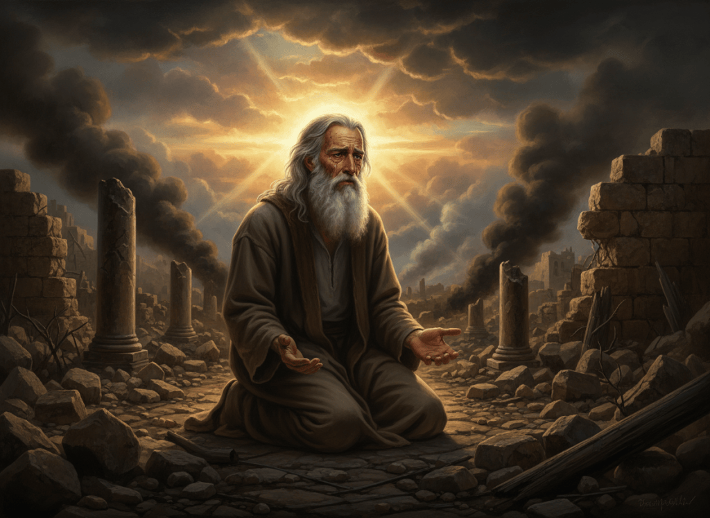 Cinematic 8K biblical illustration. Jeremiah, an elderly prophet with a long white beard, kneeling on the ruins of Jerusalem. Broken stone walls and burnt pillars surround him. His face is wet with tears, but he looks up at the sky where, through the smoke and darkness, a golden dawn is breaking — rays of hope piercing through the clouds. His hands are open on his knees, surrendered yet trusting. Style: photorealistic cinematic painting, emotional and deeply spiritual, contrast between devastation below and golden hope above, ultra-detailed, masterpiece quality, 8K.