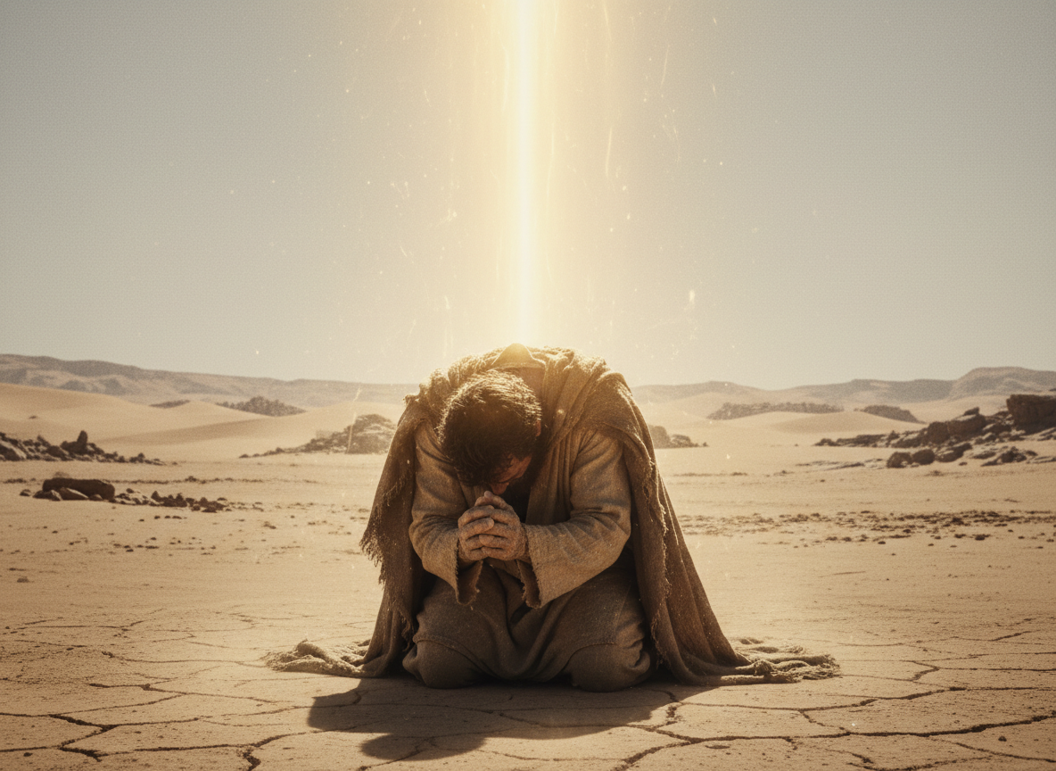 Moïse agenouillé dans le désert, humble devant Dieu