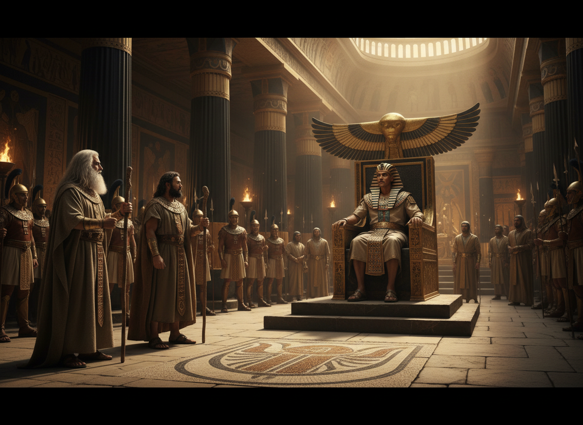 Moïse et Aaron devant Pharaon dans le palais égyptien